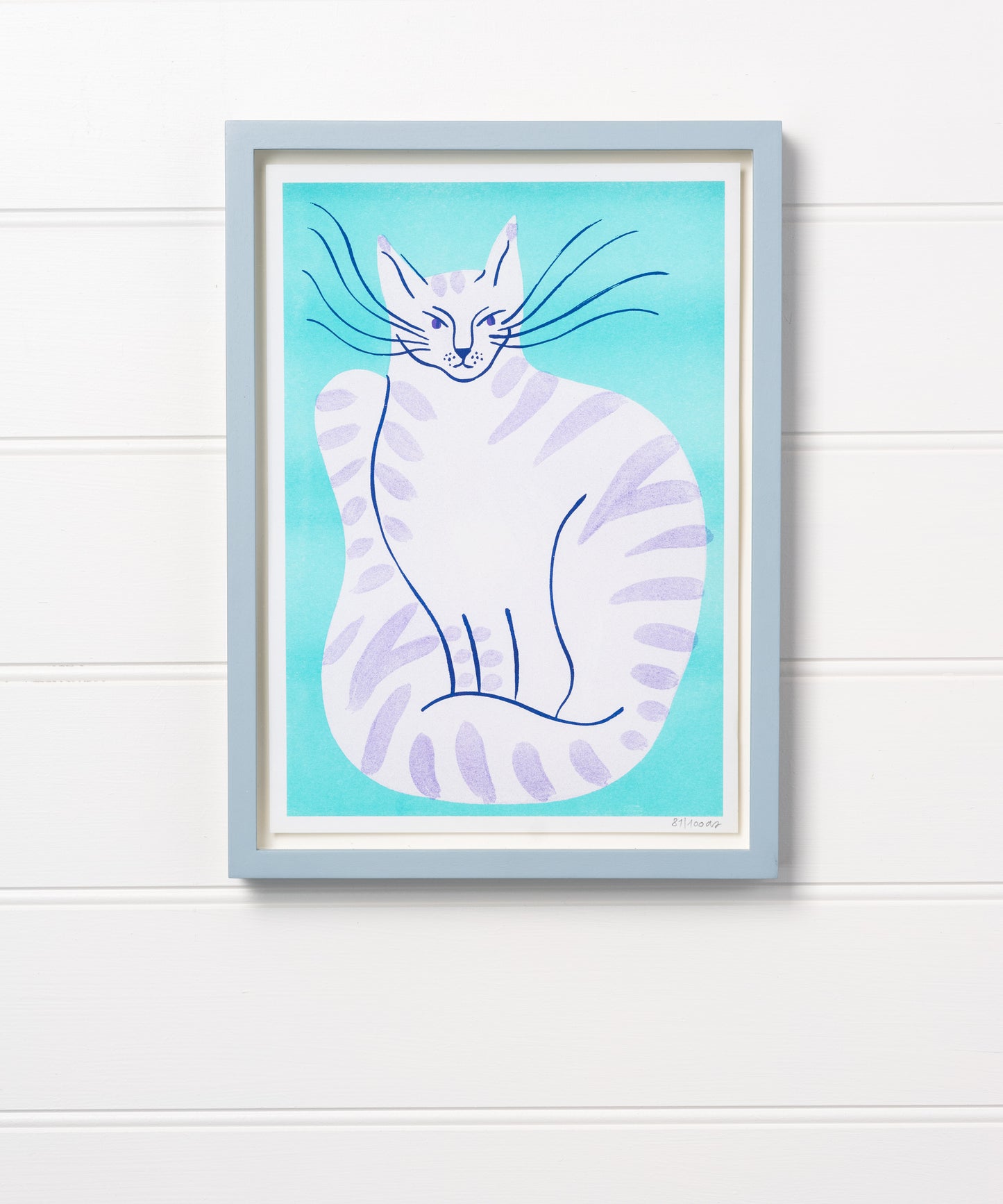 Lilac Striped Cat with Blue Background