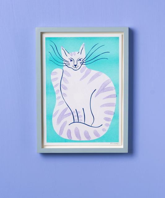 Lilac Striped Cat with Blue Background