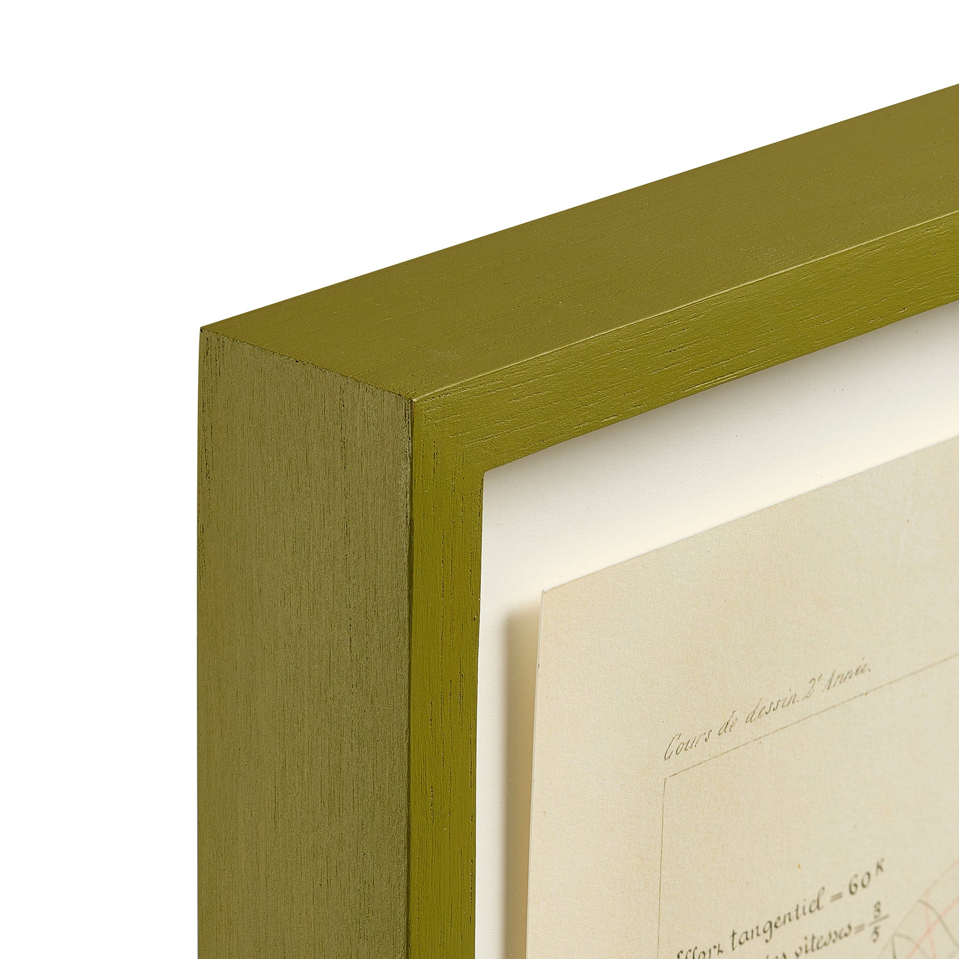 Print by G. Barraud of a technical drawing, float-mounted and framed in hand-painted olive green. Corner detail.