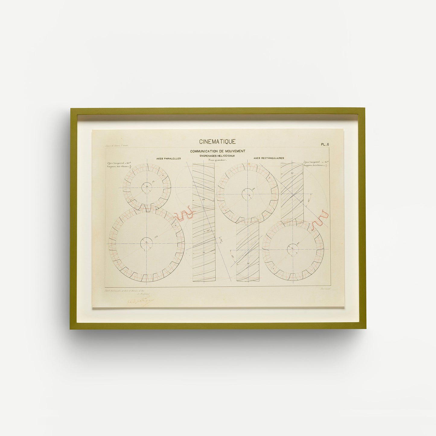 Print by G. Barraud of a technical drawing, float-mounted and framed in hand-painted olive green. Front aspect. 